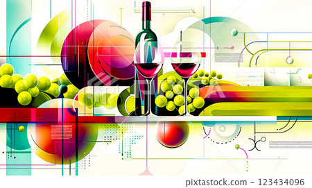 A bottle of wine and two glasses of wine on a table 123434096