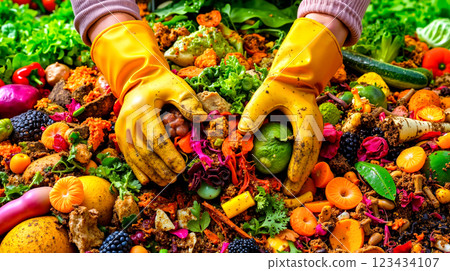 A person in yellow rubber gloves picking up a pile of food waste A person in yellow rubber gloves picking up a pile of food waste 123434107