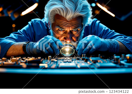 A man in a blue shirt and blue gloves looking through a magnifying glass 123434122