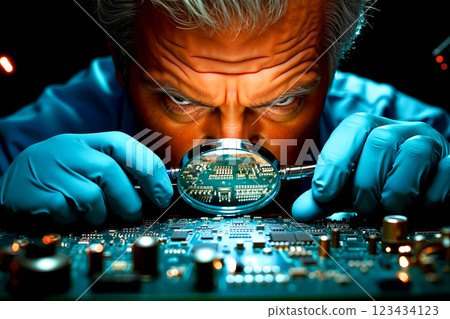 A man in blue gloves looking through a magnifying glass at a circuit board 123434123