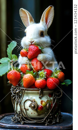 A white rabbit sitting in a bowl of strawberries 123434132