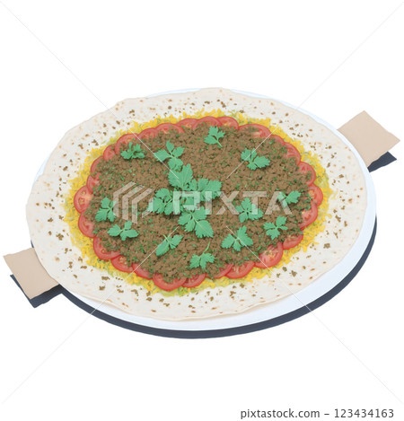 Lahmacun - A thin, crispy flatbread topped with minced meat (usually lamb or beef), onions, tomatoes, herbs, and spices. It's 123434163