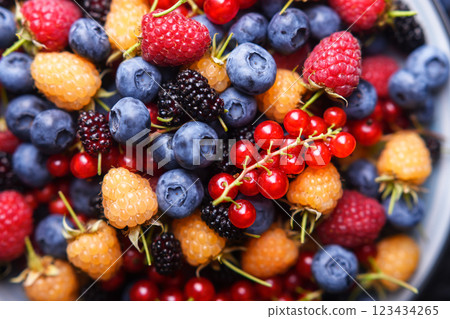 Close up of multicolored mixed summer berries 123434265