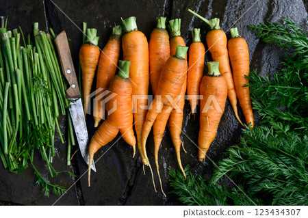 Young organic carrots freshly harvested from the garden 123434307