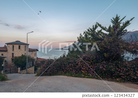 flowering bushes and stone building in Kas after sunset 123434327