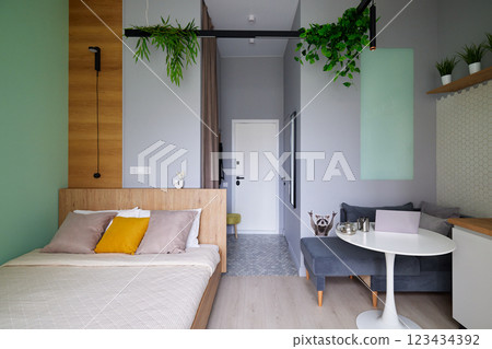 Stylish Modern Bedroom featuring a Cozy Design enriched with Green Accents throughout the space 123434392