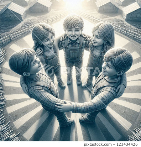 Four smiling children stand with their hands together holding a glowing light. Four smiling children stand with their hands together holding a glowing light. 123434426