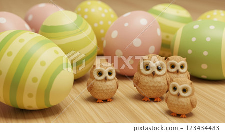 Colorful Easter eggs and adorable owl figurines Colorful Easter eggs and adorable owl figurines 123434483
