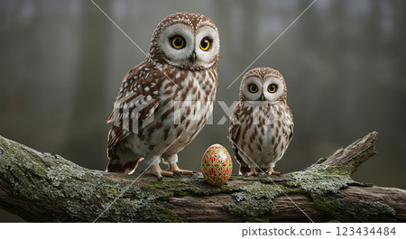 Two owls sitting on a branch in the forest with colorful eggs Two owls sitting on a branch in the forest with colorful eggs 123434484
