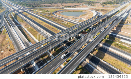 Drone shot aerial view of high angle view of intersection across the bridge against the countryside highway 123434523
