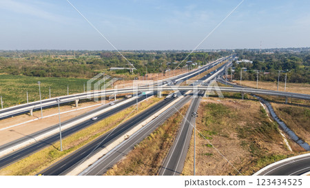 Drone shot aerial view of high angle view of intersection across the bridge against the countryside highway 123434525