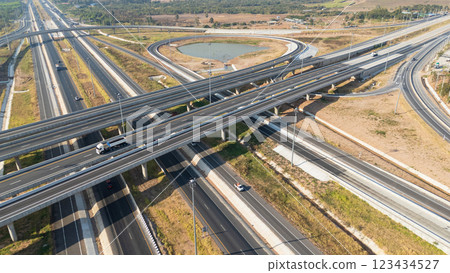 Drone shot aerial view of high angle view of intersection across the bridge against the countryside highway 123434527