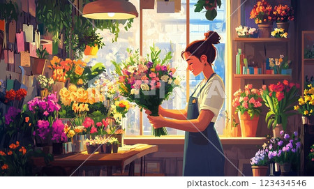 Hispanic female florist with bun arranging vibrant flowers in shop with sunlit windows 123434546