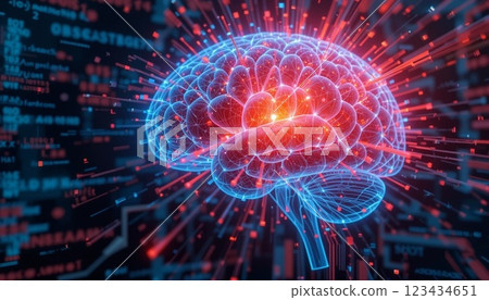 Futuristic AI Brain with Glowing Neural Network and Coding Background. Futuristic AI Brain with Glowing Neural Network and Coding Background. 123434651