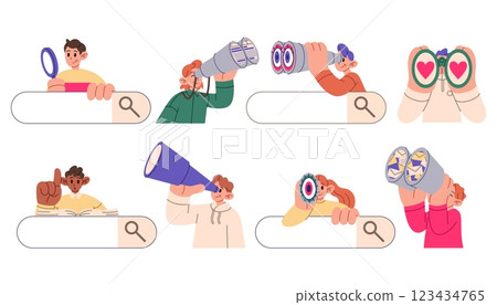 Search job. Person with magnifier. Character look binocular. In internet find. Information bar keyword. Find query website data. Cartoon flat style isolated illustration. Vector SEO analysis app 123434765