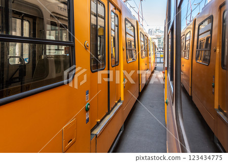 Yellow city tram public transportation in Budapest Hungary on 1 May 2023 123434775