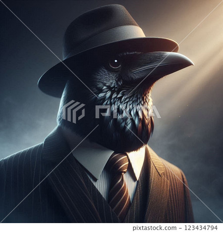 Crow wearing a suit hat and tie. Crow dressed in a dapper suit, hat, and tie for fun and whimsical designs for posters, invitations, and social media. 123434794