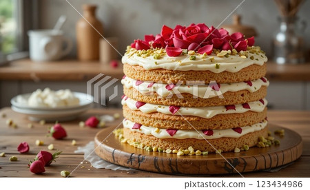 Elegant Rose Pistachio Cake with Creamy Layers on a Golden Cake Board. 123434986