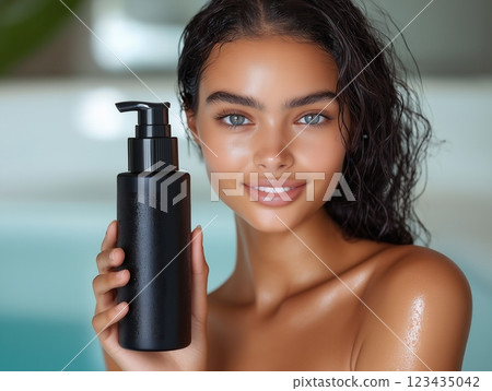 Girl holding a black bottle of care product in front of her. 123435042
