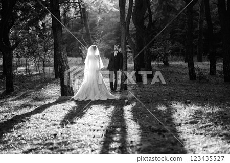 walk of the bride and groom through the autumn forest 123435527