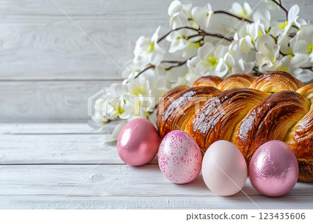 Braided bread typical of Easter decorated with flowers and pink eggs on a white wooden background. Copy space 123435606