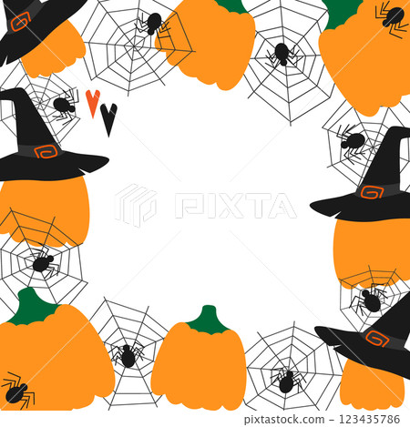 Pumpkins in Witch caps spiders on cobweb square Frame border Halloween greetings Copy space Template Pumpkins in Witch caps spiders on cobweb square Frame border Halloween greetings Copy space Template 123435786