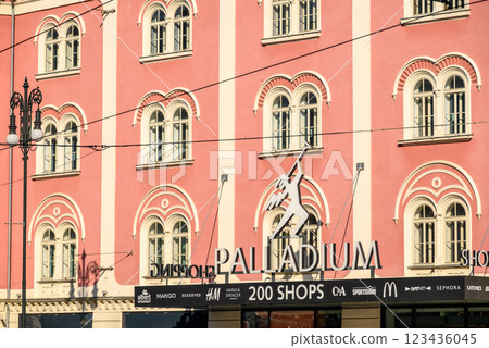 Palladium shopping mall, one of the biggest shopping centres in Czechia, at the Republic Square in Prague, Czech Republic 123436045