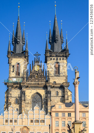 Gothic Church of the Mother of God before Tyn, popular tourist destination at the Old Town square in Prague, Czech Republic 123436056