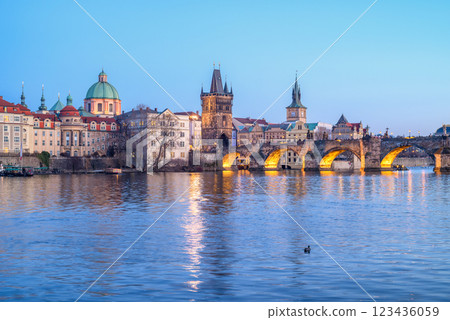Panoramic evening view of the Charles Bridge over Vltava river and Prague Old town cityscape, in Prague, Czech Republic Panoramic evening view of the Charles Bridge over Vltava river and Prague Old town cityscape, in Prague, Czech Republic 123436059