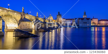 Panoramic night view of the iconic Charles Bridge over Vltava river and Prague Old town cityscape, in Prague, Czech Republic Panoramic night view of the iconic Charles Bridge over Vltava river and Prague Old town cityscape, in Prague, Czech Republic 123436060