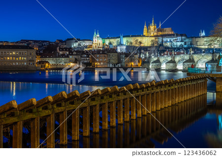 Panoramic night view of the iconic Charles Bridge over Vltava river and Prague Old town cityscape, in Prague, Czech Republic Panoramic night view of the iconic Charles Bridge over Vltava river and Prague Old town cityscape, in Prague, Czech Republic 123436062