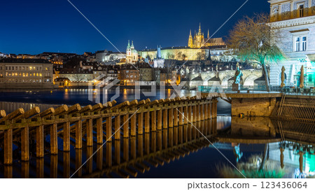 Panoramic night view of the iconic Charles Bridge over Vltava river and Prague Old town cityscape, in Prague, Czech Republic Panoramic night view of the iconic Charles Bridge over Vltava river and Prague Old town cityscape, in Prague, Czech Republic 123436064