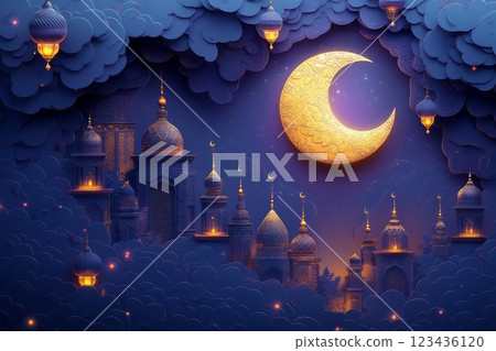 Dreamy Crescent Moon Above Middle Eastern Architecture Dreamy Crescent Moon Above Middle Eastern Architecture 123436120