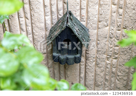 A Charming Wooden Birdhouse beautifully placed against a Textured Wall in your backyard A Charming Wooden Birdhouse beautifully placed against a Textured Wall in your backyard 123436916