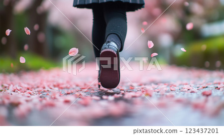 An elementary school student walks quietly down a road lined with falling cherry blossoms 123437201