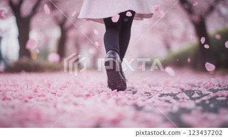 An elementary school student walks quietly down a road lined with falling cherry blossoms 123437202