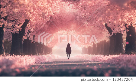 穿過櫻花隧道的小學生的側影 123437204