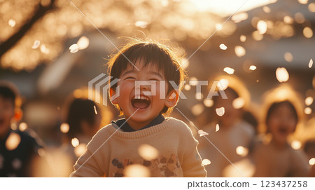 櫻花飄落的校園裡，小學生們一起歡笑的幸福時光 123437258