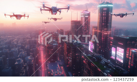 送貨無人機在未來的智慧城市中飛行。 123437259