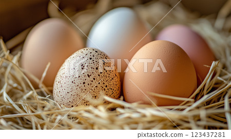 Fresh eggs placed in a straw nest on a farm 123437281