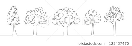 Minimalist continuous one line drawing of green trees on a white background. Perfect for garden decoration, park design 123437470