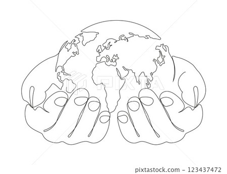 Minimalist continuous one line drawing of Earth held in hands with a plant, symbolizing World Environment Day vector. 123437472