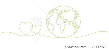 Minimalist continuous one line drawing of a heart embracing the Earth with a world map, symbolizing love 123437473