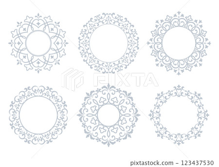 Set of decorative frames Elegant vector element for design in Eastern style, place for text. Floral gray and white borders. Lace illustration for invitations and greeting cards Set of decorative frames Elegant vector element for design in Eastern style, place for text. Floral gray and white borders. Lace illustration for invitations and greeting cards 123437530
