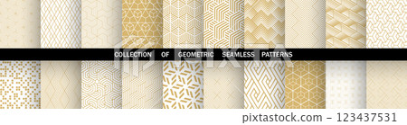 Geometric set of seamless golden and white patterns. Simple vector graphics 123437531