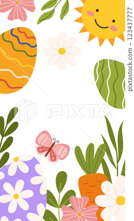 Easter eggs butterfly sun floral background greeting card template vertical banner social media story. 123437777
