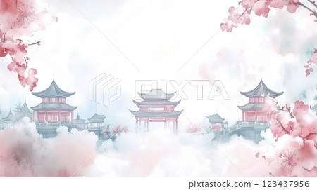 古建築和粉紅色花朵的水彩畫 古建築和粉紅色花朵的水彩畫 123437956