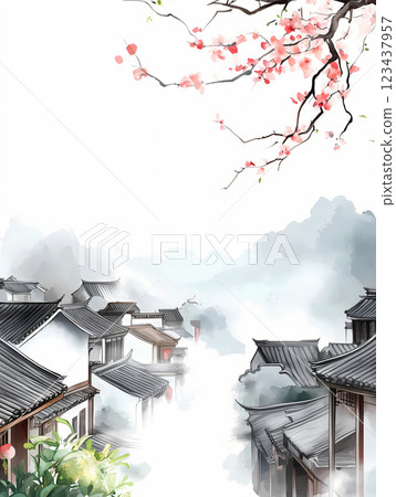 古建築和粉紅色花朵的水彩畫 123437957