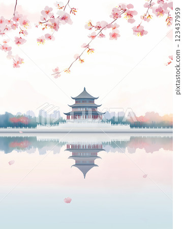 古建築和粉紅色花朵的水彩畫 123437959