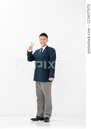 男孩，高中生，制服，和平標誌 123437970